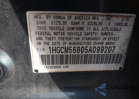 2005 Honda Accord z USA, uszkodzony, nr VIN 1HGCM568005A09920